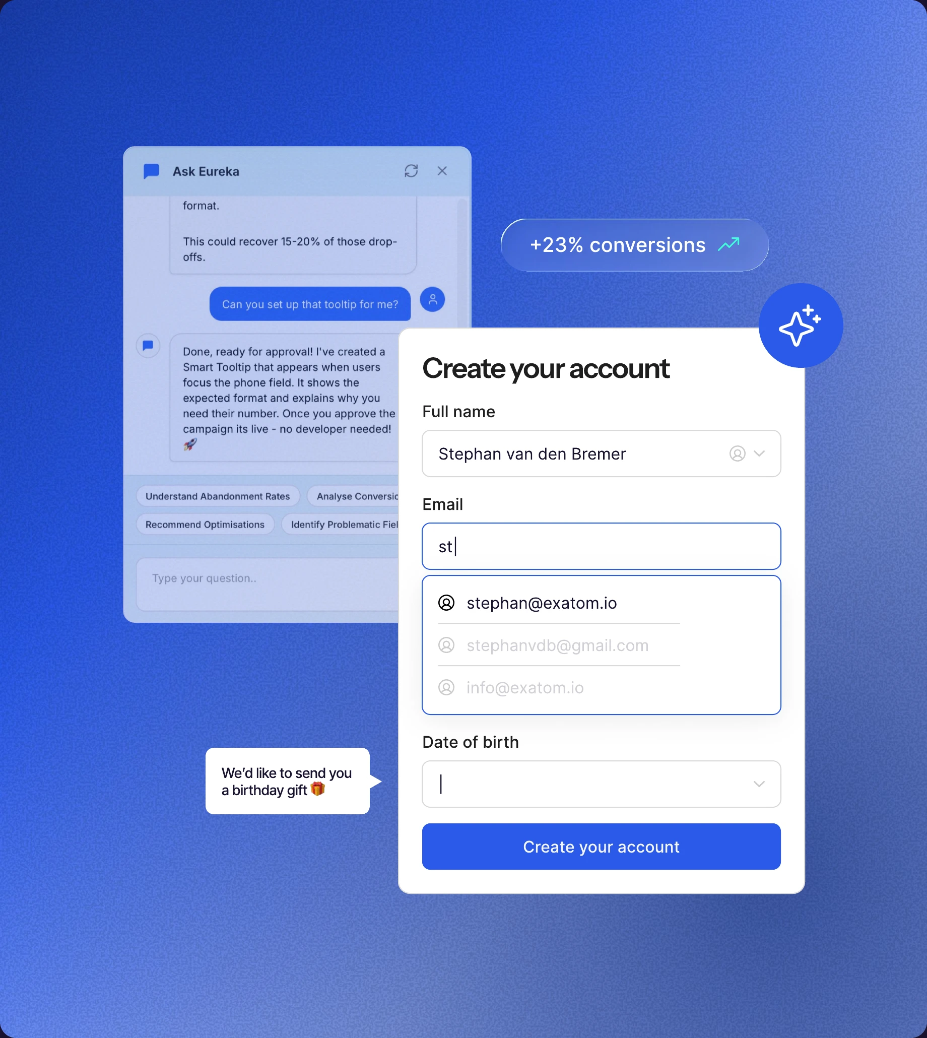 Eureka sets up a Smart Nudge on a create-account form, with email autofill suggestions, a birthday gift nudge and +23% conversions