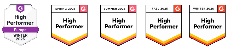 G2 High Performer badges: Europe Winter 2025, Spring 2025, Summer 2025, Fall 2025 and Winter 2026