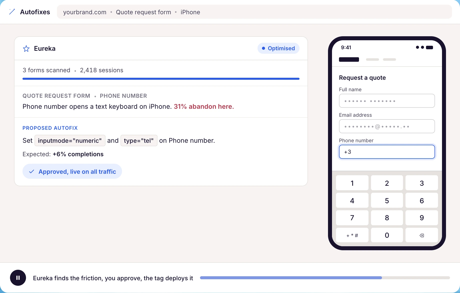 Eureka finds a phone field that opens a text keyboard on iPhone and proposes an Autofix that opens the numeric keypad