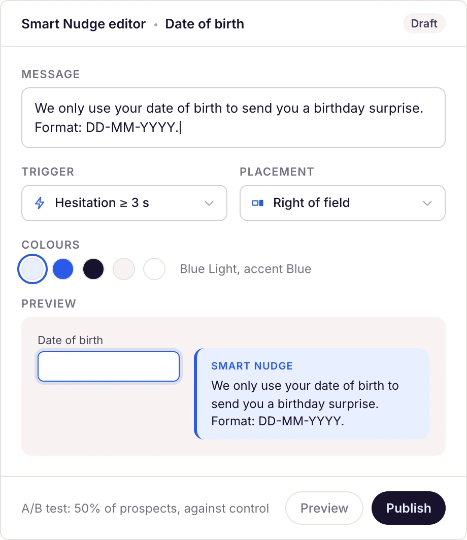 The Smart Nudge editor: a format message on the date of birth field, its trigger, placement, colours and a live preview